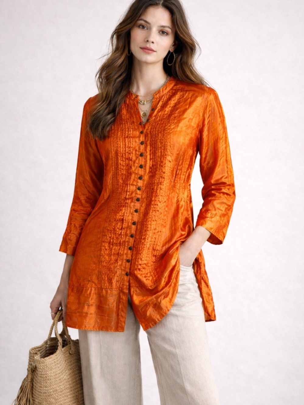 April Cornell Vintage Orange Tunic Blouse Pintuck Button Front Boho Chic medium